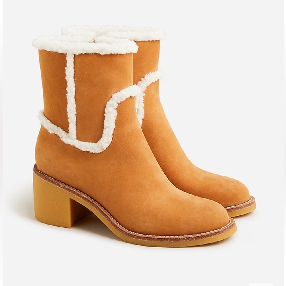 J. Crew SOLD OUT Sherpa Stacked Heels in Suede (Perfect Condition)